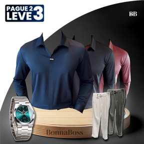 [Pague 2, Leve 3] Kit de Camisas Polo Domiran em Seda Gelo e Poliéster + BRINDES: Relógio e 2 Calças Ajustáveis